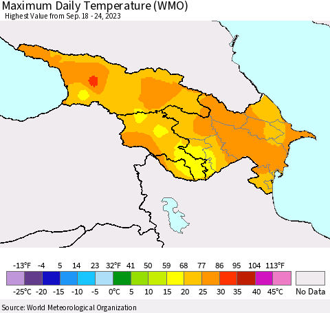 Azerbaijan, Armenia and Georgia Maximum Daily Temperature (WMO) Thematic Map For 9/18/2023 - 9/24/2023