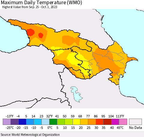 Azerbaijan, Armenia and Georgia Maximum Daily Temperature (WMO) Thematic Map For 9/25/2023 - 10/1/2023