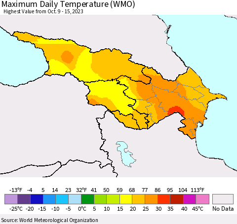 Azerbaijan, Armenia and Georgia Maximum Daily Temperature (WMO) Thematic Map For 10/9/2023 - 10/15/2023