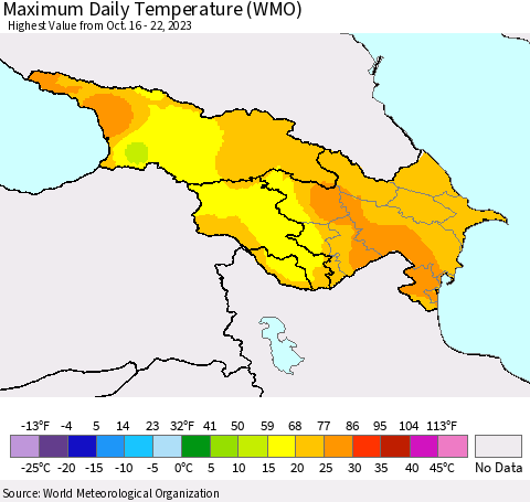 Azerbaijan, Armenia and Georgia Maximum Daily Temperature (WMO) Thematic Map For 10/16/2023 - 10/22/2023