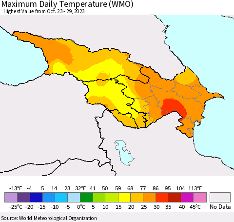 Azerbaijan, Armenia and Georgia Maximum Daily Temperature (WMO) Thematic Map For 10/23/2023 - 10/29/2023