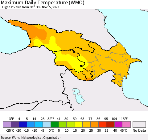 Azerbaijan, Armenia and Georgia Maximum Daily Temperature (WMO) Thematic Map For 10/30/2023 - 11/5/2023