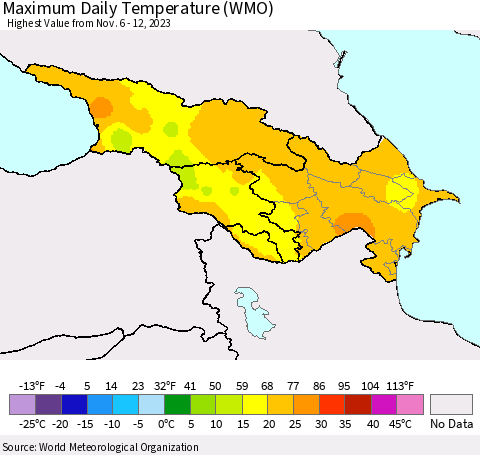 Azerbaijan, Armenia and Georgia Maximum Daily Temperature (WMO) Thematic Map For 11/6/2023 - 11/12/2023
