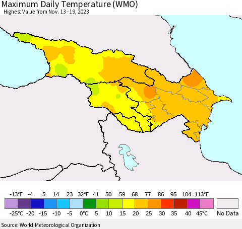 Azerbaijan, Armenia and Georgia Maximum Daily Temperature (WMO) Thematic Map For 11/13/2023 - 11/19/2023