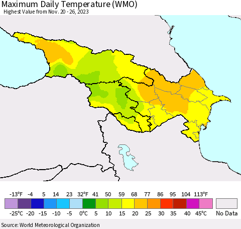 Azerbaijan, Armenia and Georgia Maximum Daily Temperature (WMO) Thematic Map For 11/20/2023 - 11/26/2023