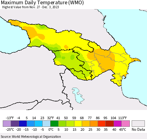 Azerbaijan, Armenia and Georgia Maximum Daily Temperature (WMO) Thematic Map For 11/27/2023 - 12/3/2023