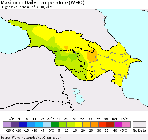 Azerbaijan, Armenia and Georgia Maximum Daily Temperature (WMO) Thematic Map For 12/4/2023 - 12/10/2023