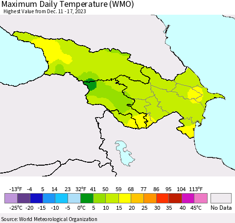 Azerbaijan, Armenia and Georgia Maximum Daily Temperature (WMO) Thematic Map For 12/11/2023 - 12/17/2023