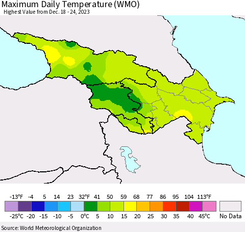 Azerbaijan, Armenia and Georgia Maximum Daily Temperature (WMO) Thematic Map For 12/18/2023 - 12/24/2023
