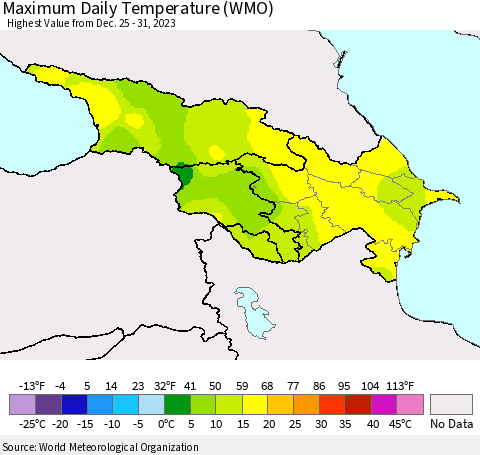 Azerbaijan, Armenia and Georgia Maximum Daily Temperature (WMO) Thematic Map For 12/25/2023 - 12/31/2023