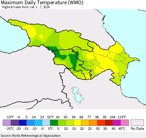 Azerbaijan, Armenia and Georgia Maximum Daily Temperature (WMO) Thematic Map For 1/1/2024 - 1/7/2024