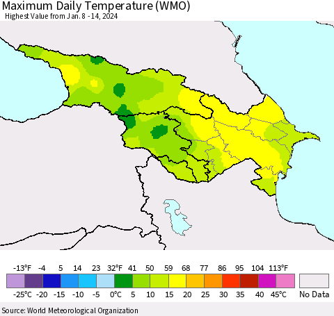 Azerbaijan, Armenia and Georgia Maximum Daily Temperature (WMO) Thematic Map For 1/8/2024 - 1/14/2024