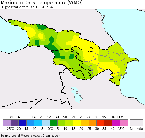 Azerbaijan, Armenia and Georgia Maximum Daily Temperature (WMO) Thematic Map For 1/15/2024 - 1/21/2024