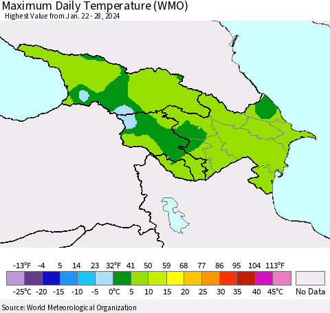 Azerbaijan, Armenia and Georgia Maximum Daily Temperature (WMO) Thematic Map For 1/22/2024 - 1/28/2024