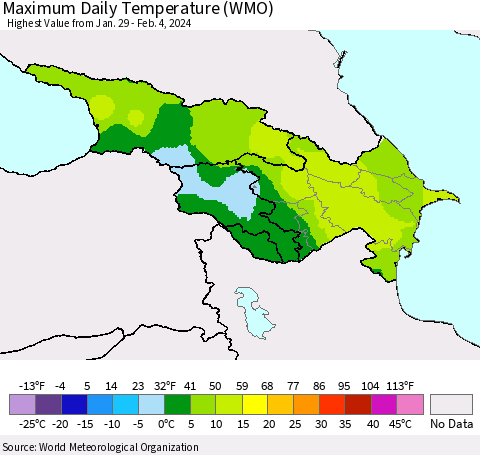 Azerbaijan, Armenia and Georgia Maximum Daily Temperature (WMO) Thematic Map For 1/29/2024 - 2/4/2024