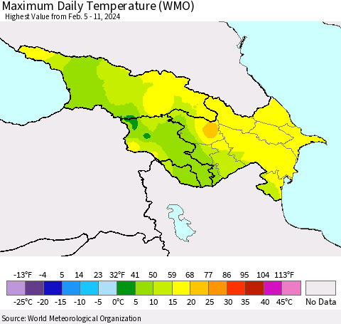 Azerbaijan, Armenia and Georgia Maximum Daily Temperature (WMO) Thematic Map For 2/5/2024 - 2/11/2024