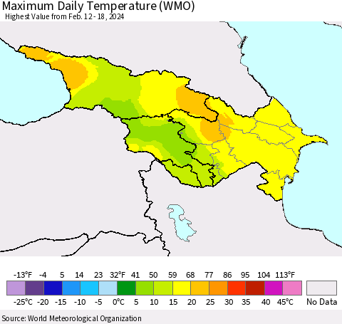 Azerbaijan, Armenia and Georgia Maximum Daily Temperature (WMO) Thematic Map For 2/12/2024 - 2/18/2024