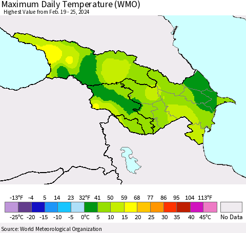 Azerbaijan, Armenia and Georgia Maximum Daily Temperature (WMO) Thematic Map For 2/19/2024 - 2/25/2024
