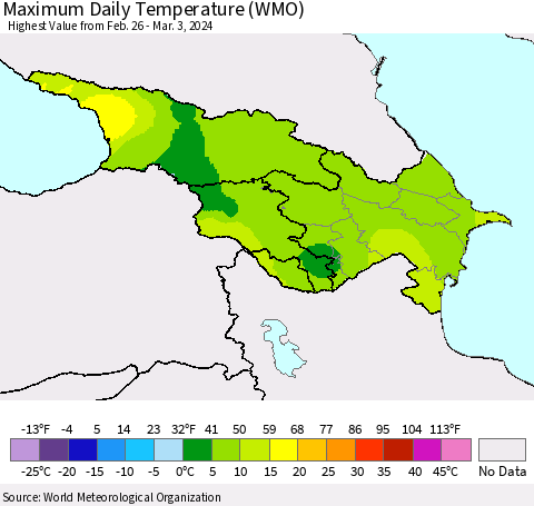 Azerbaijan, Armenia and Georgia Maximum Daily Temperature (WMO) Thematic Map For 2/26/2024 - 3/3/2024