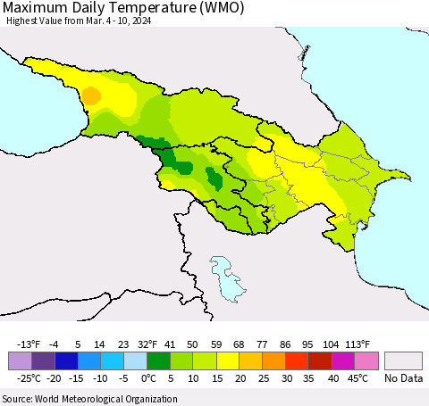 Azerbaijan, Armenia and Georgia Maximum Daily Temperature (WMO) Thematic Map For 3/4/2024 - 3/10/2024