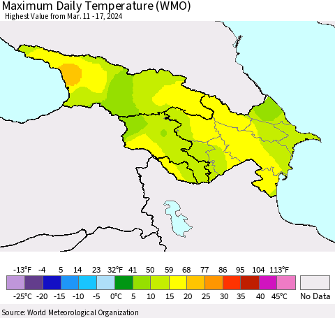 Azerbaijan, Armenia and Georgia Maximum Daily Temperature (WMO) Thematic Map For 3/11/2024 - 3/17/2024