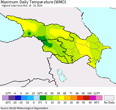 Azerbaijan, Armenia and Georgia Maximum Daily Temperature (WMO) Thematic Map For 3/18/2024 - 3/24/2024