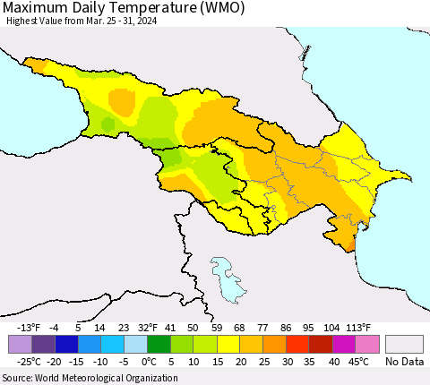 Azerbaijan, Armenia and Georgia Maximum Daily Temperature (WMO) Thematic Map For 3/25/2024 - 3/31/2024