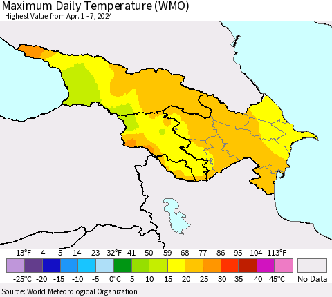 Azerbaijan, Armenia and Georgia Maximum Daily Temperature (WMO) Thematic Map For 4/1/2024 - 4/7/2024