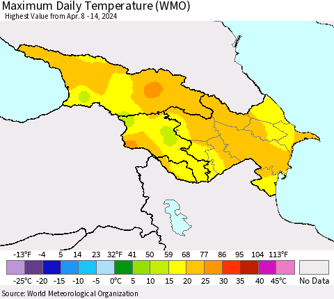 Azerbaijan, Armenia and Georgia Maximum Daily Temperature (WMO) Thematic Map For 4/8/2024 - 4/14/2024