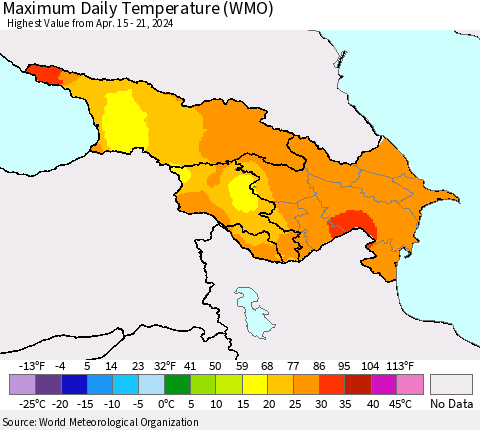 Azerbaijan, Armenia and Georgia Maximum Daily Temperature (WMO) Thematic Map For 4/15/2024 - 4/21/2024