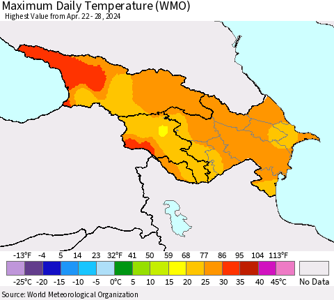 Azerbaijan, Armenia and Georgia Maximum Daily Temperature (WMO) Thematic Map For 4/22/2024 - 4/28/2024