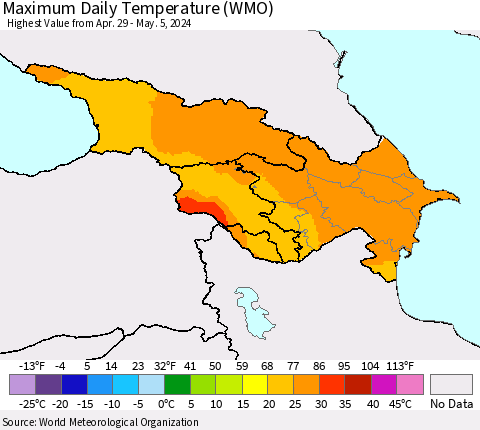 Azerbaijan, Armenia and Georgia Maximum Daily Temperature (WMO) Thematic Map For 4/29/2024 - 5/5/2024