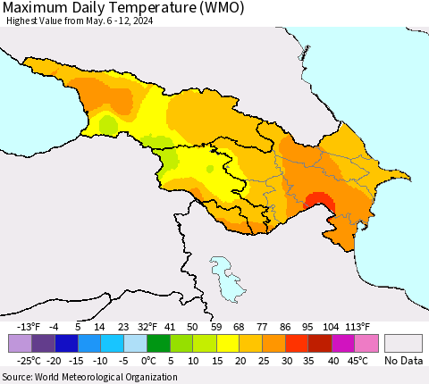 Azerbaijan, Armenia and Georgia Maximum Daily Temperature (WMO) Thematic Map For 5/6/2024 - 5/12/2024