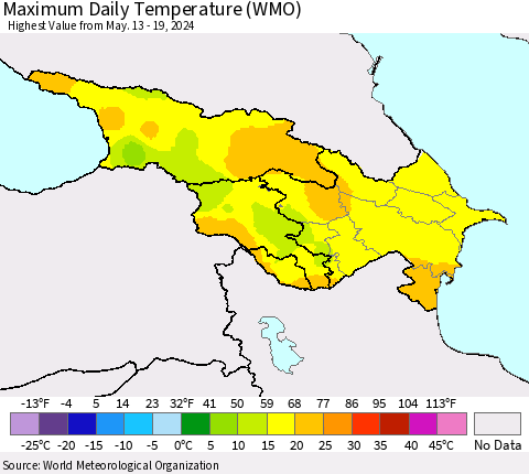 Azerbaijan, Armenia and Georgia Maximum Daily Temperature (WMO) Thematic Map For 5/13/2024 - 5/19/2024