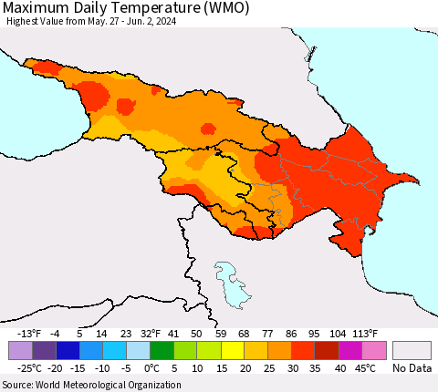 Azerbaijan, Armenia and Georgia Maximum Daily Temperature (WMO) Thematic Map For 5/27/2024 - 6/2/2024