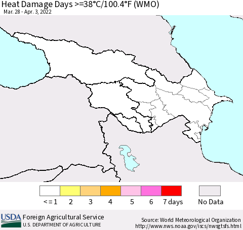 Azerbaijan, Armenia and Georgia Heat Damage Days >=38°C/100°F (WMO) Thematic Map For 3/28/2022 - 4/3/2022