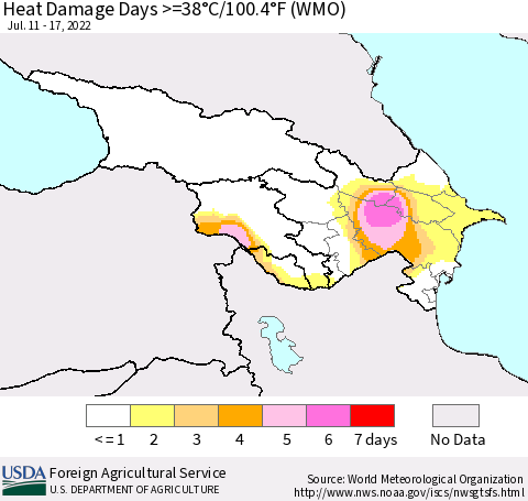 Azerbaijan, Armenia and Georgia Heat Damage Days >=38°C/100°F (WMO) Thematic Map For 7/11/2022 - 7/17/2022