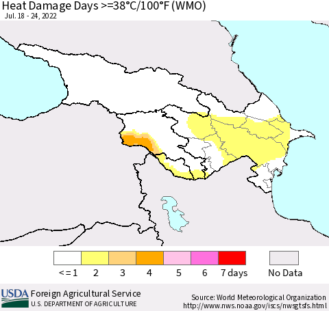 Azerbaijan, Armenia and Georgia Heat Damage Days >=38°C/100°F (WMO) Thematic Map For 7/18/2022 - 7/24/2022
