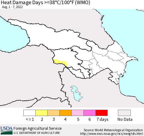Azerbaijan, Armenia and Georgia Heat Damage Days >=38°C/100°F (WMO) Thematic Map For 8/1/2022 - 8/7/2022