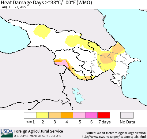 Azerbaijan, Armenia and Georgia Heat Damage Days >=38°C/100°F (WMO) Thematic Map For 8/15/2022 - 8/21/2022