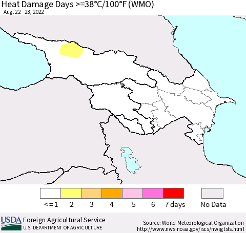 Azerbaijan, Armenia and Georgia Heat Damage Days >=38°C/100°F (WMO) Thematic Map For 8/22/2022 - 8/28/2022
