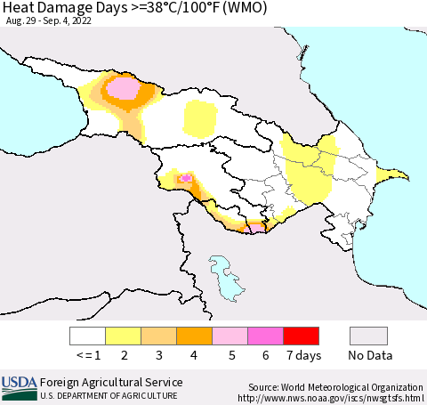 Azerbaijan, Armenia and Georgia Heat Damage Days >=38°C/100°F (WMO) Thematic Map For 8/29/2022 - 9/4/2022