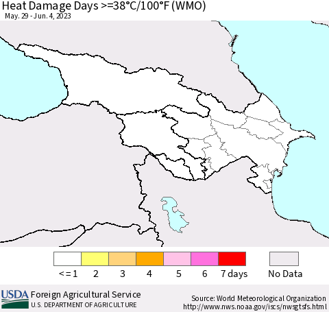Azerbaijan, Armenia and Georgia Heat Damage Days >=38°C/100°F (WMO) Thematic Map For 5/29/2023 - 6/4/2023