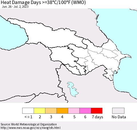 Azerbaijan, Armenia and Georgia Heat Damage Days >=38°C/100°F (WMO) Thematic Map For 6/26/2023 - 7/2/2023