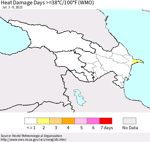 Azerbaijan, Armenia and Georgia Heat Damage Days >=38°C/100°F (WMO) Thematic Map For 7/3/2023 - 7/9/2023