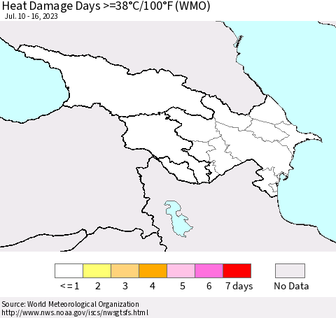 Azerbaijan, Armenia and Georgia Heat Damage Days >=38°C/100°F (WMO) Thematic Map For 7/10/2023 - 7/16/2023