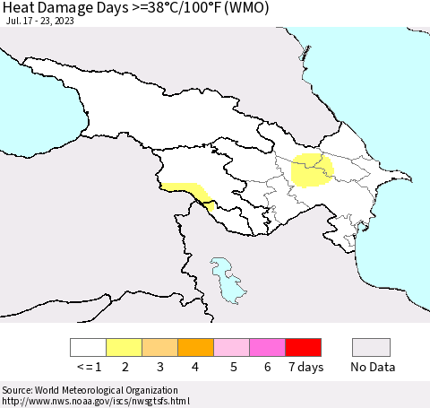 Azerbaijan, Armenia and Georgia Heat Damage Days >=38°C/100°F (WMO) Thematic Map For 7/17/2023 - 7/23/2023