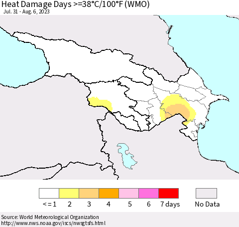 Azerbaijan, Armenia and Georgia Heat Damage Days >=38°C/100°F (WMO) Thematic Map For 7/31/2023 - 8/6/2023