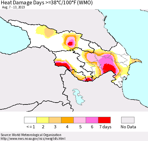 Azerbaijan, Armenia and Georgia Heat Damage Days >=38°C/100°F (WMO) Thematic Map For 8/7/2023 - 8/13/2023