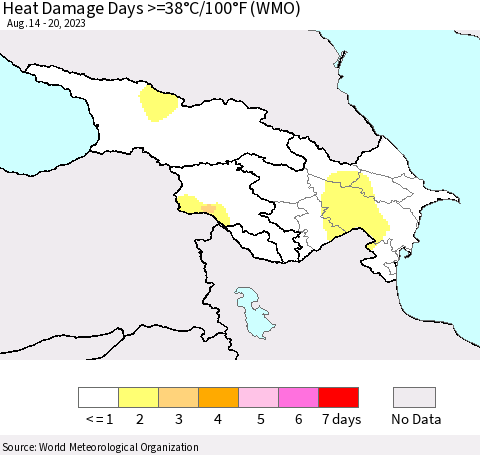 Azerbaijan, Armenia and Georgia Heat Damage Days >=38°C/100°F (WMO) Thematic Map For 8/14/2023 - 8/20/2023